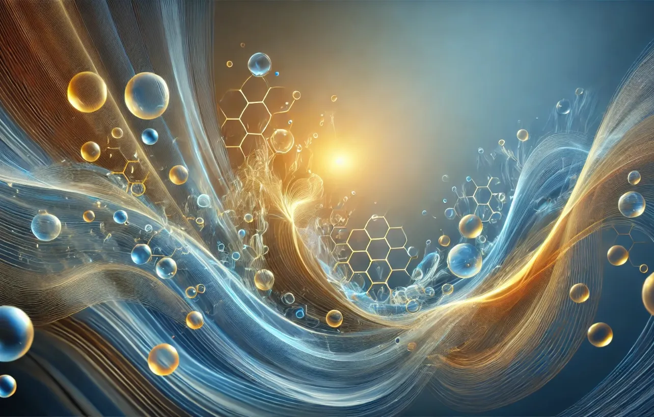 Illustration abstraite représentant la santé et la prévention, avec des vagues d’énergie lumineuses en bleu et or, symbolisant l’équilibre, la vitalité et la régénération cellulaire